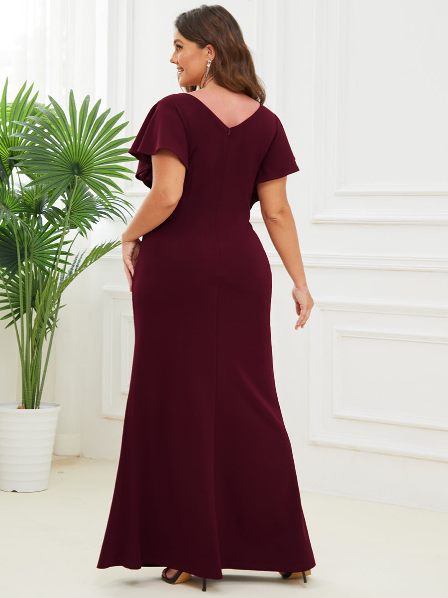 Short Ruffles Sleeves Fishtail Deep V Neck Wholesale Evening Dresses