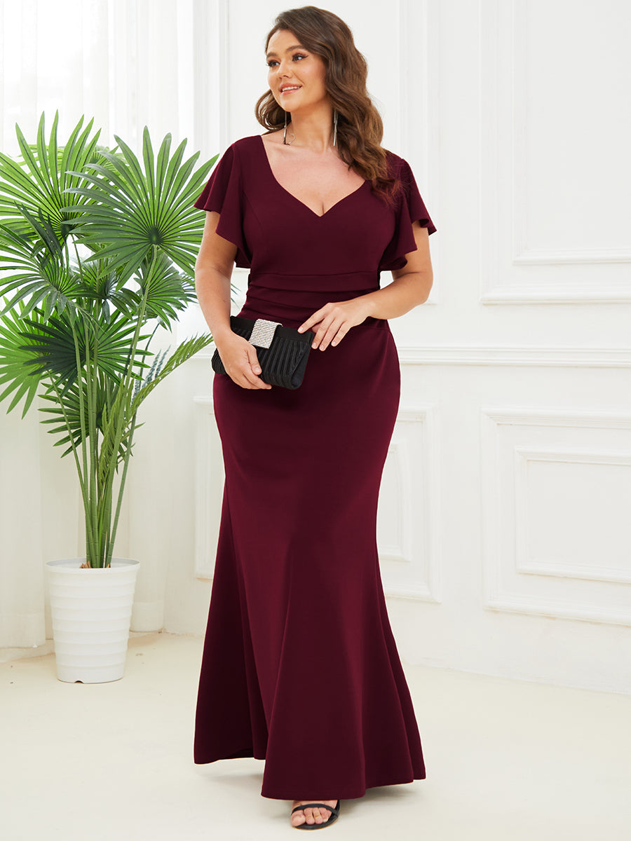 Short Ruffles Sleeves Fishtail Deep V Neck Wholesale Evening Dresses