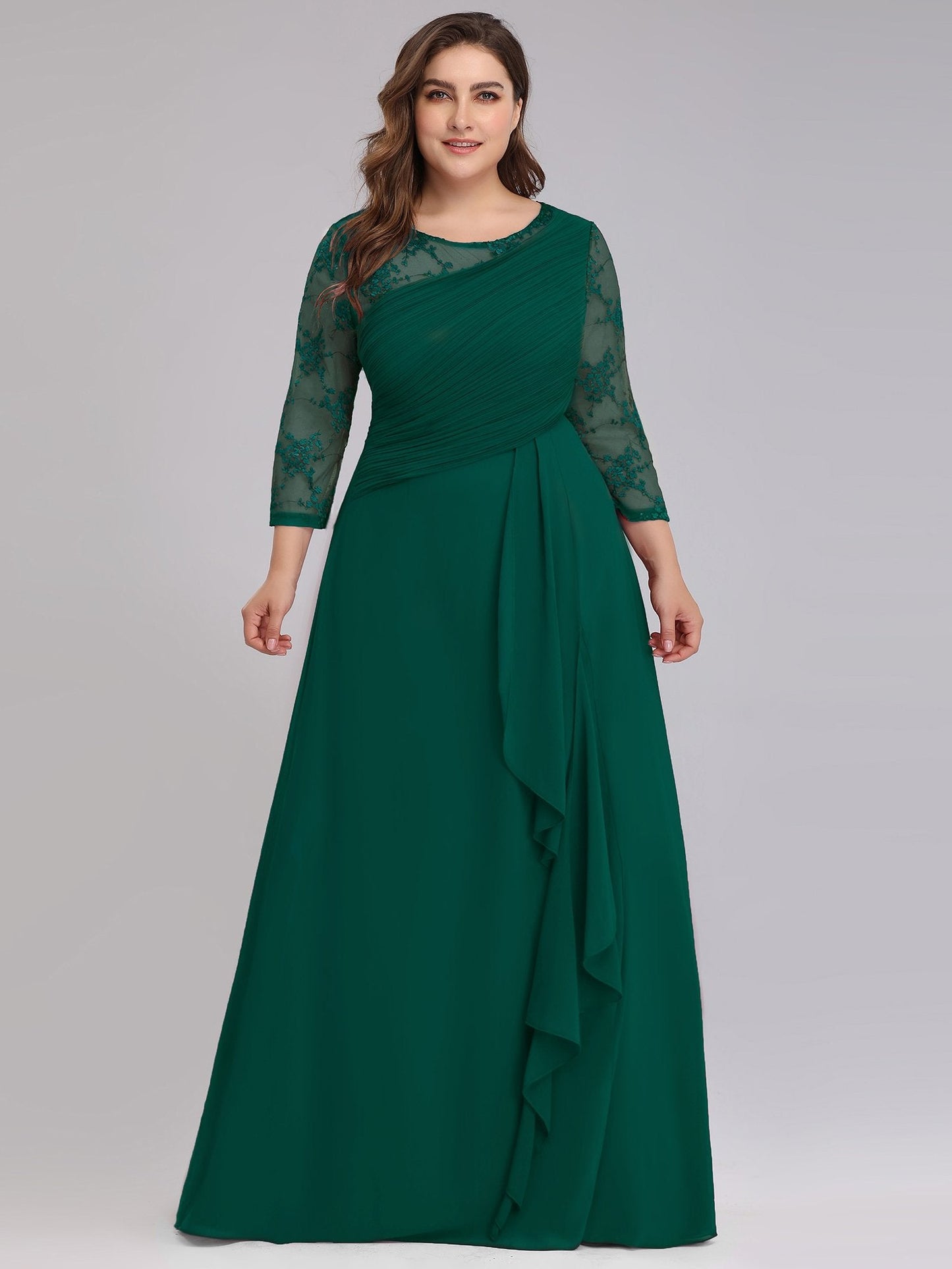 Color=Dark Green | Plus Size Elegant Long Half Sleeves Women Formal Evening Dresses Eb07728-Dark Green 1