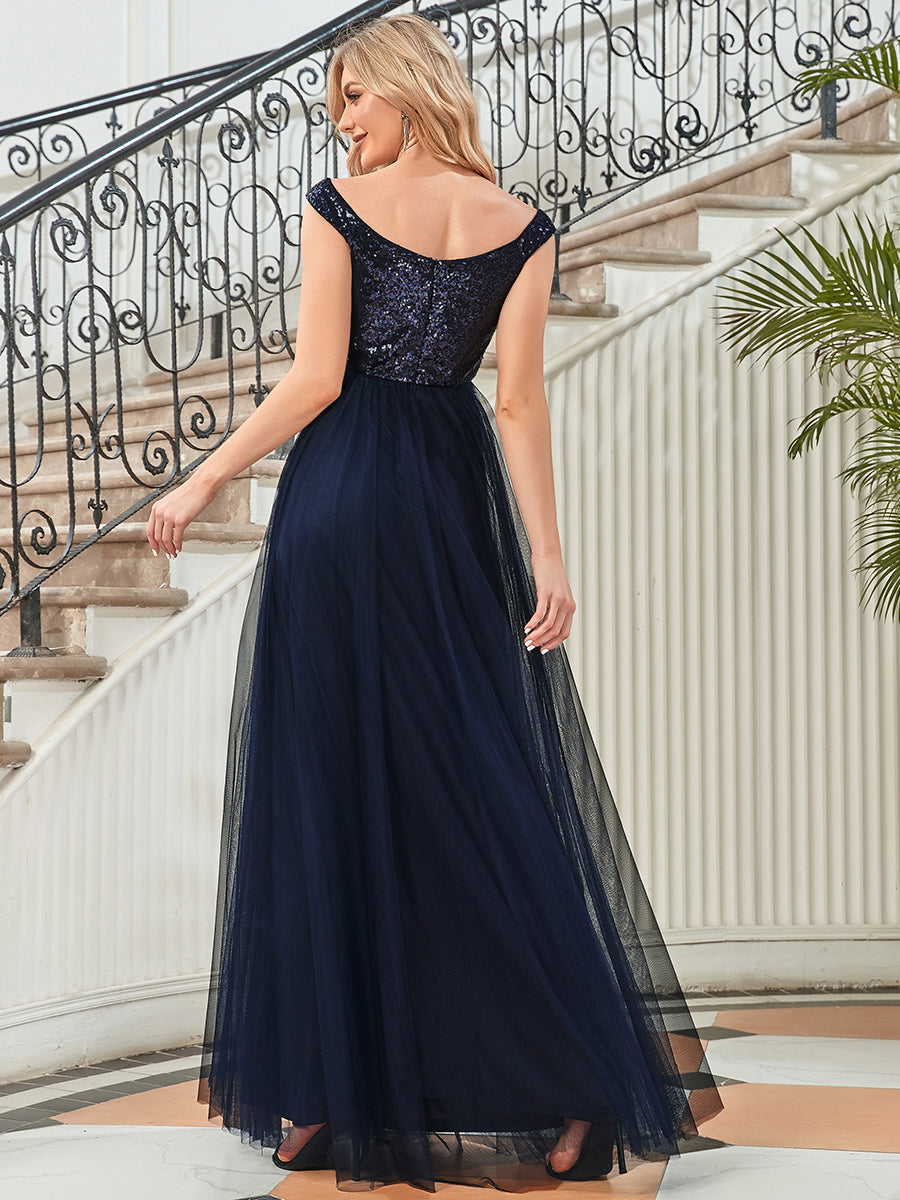 Wholesale Off Shoulder Tulle & Sequin Sleeveless Evening Dress