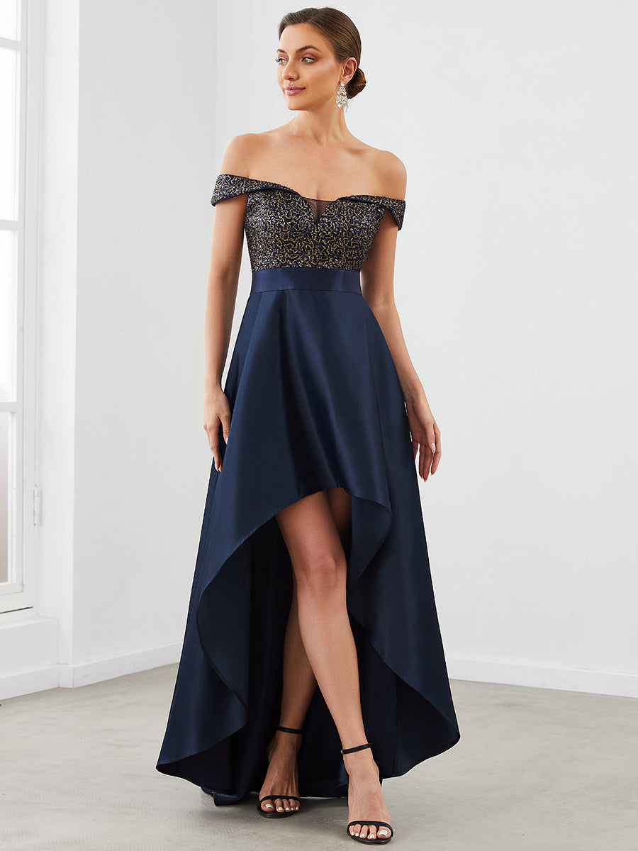 A Line Off Shoulder Wholesale Evening Dresses with Asymmetrical Hem