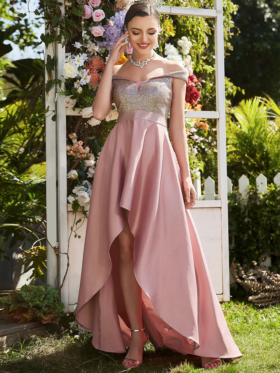 Color=Orchid | A Line Off Shoulder Wholesale Evening Dresses with Asymmetrical Hem-Orchid 1