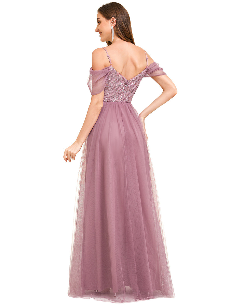 A-Line Sweetheart Neckline Ruffle Sleeve Tulle Wholesale Bridesmaid Dress