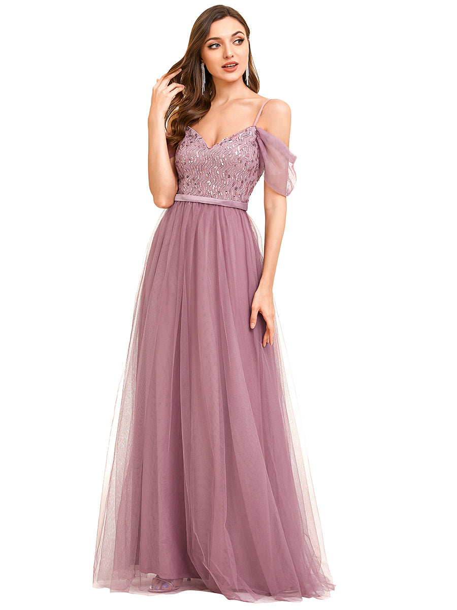A-Line Sweetheart Neckline Ruffle Sleeve Tulle Wholesale Bridesmaid Dress