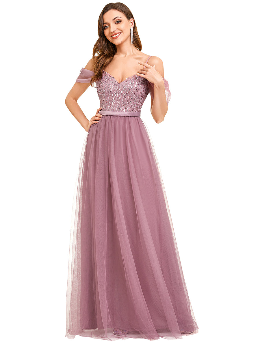 A-Line Sweetheart Neckline Ruffle Sleeve Tulle Wholesale Bridesmaid Dress