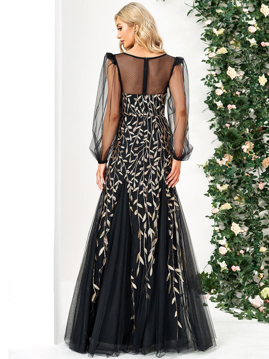 Round Neck Long Puff Sleeves A Line Wholesale Evening Dresses