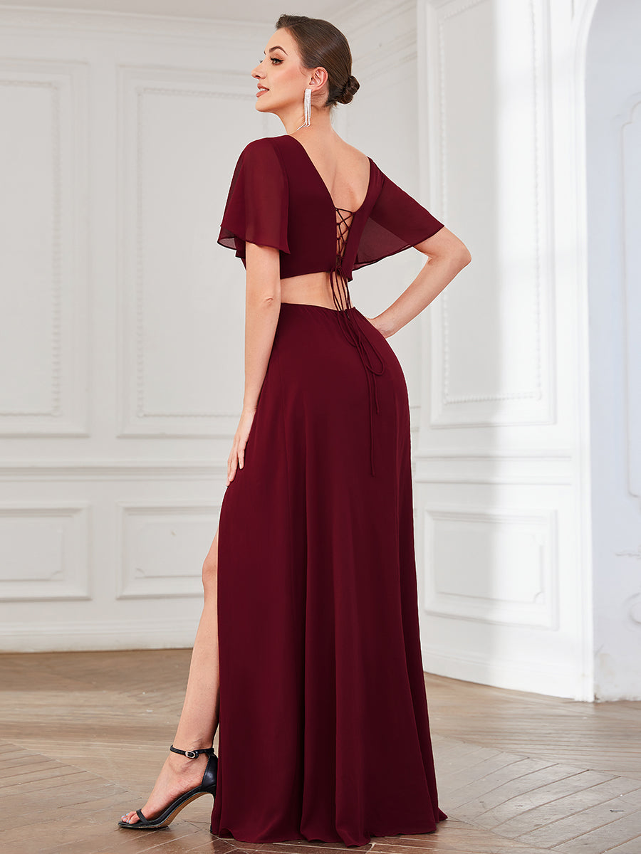 Round Neck A Line Ruffles Sleeves Split Wholesale Bridesmaid Dresses