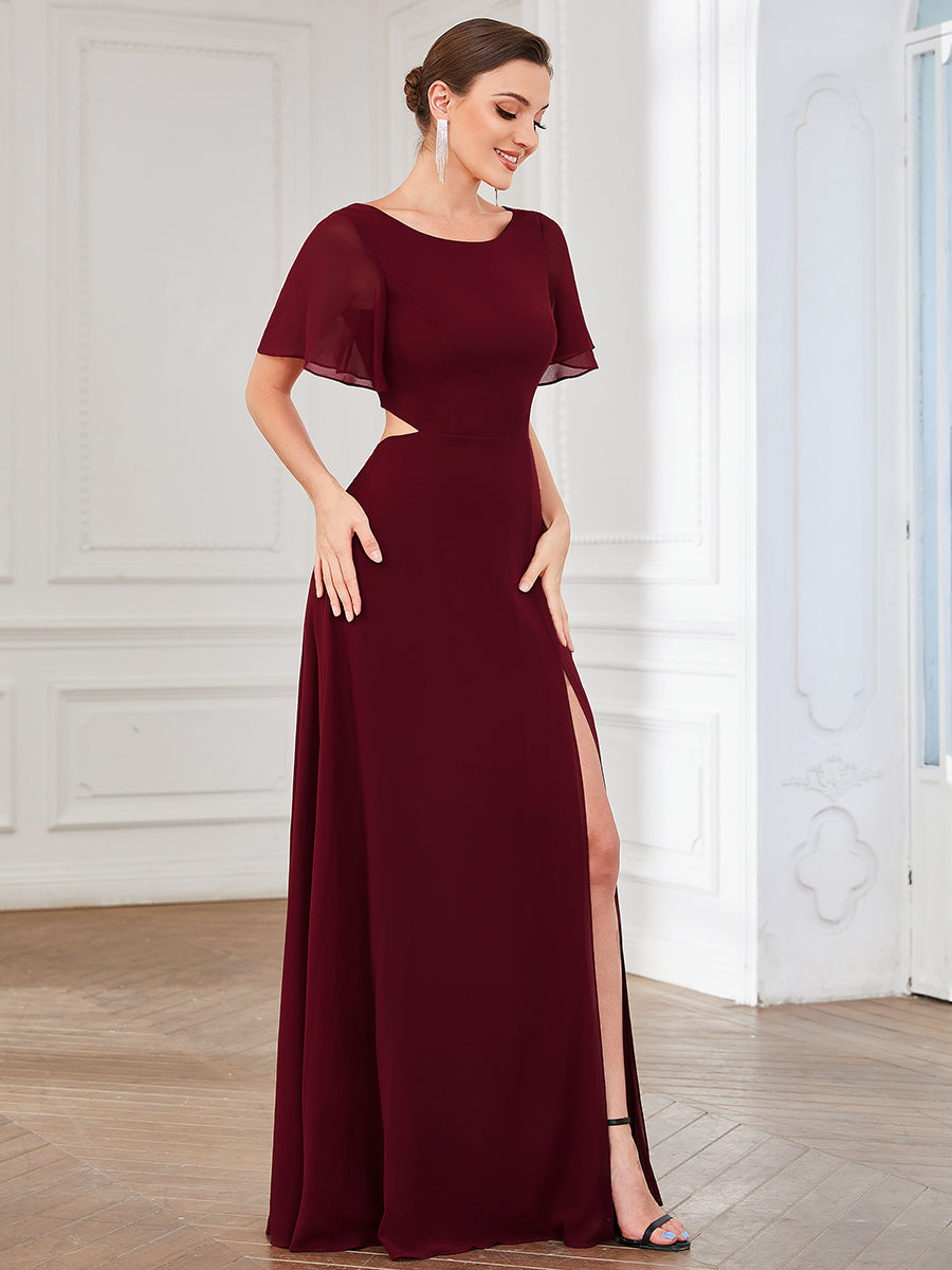 Round Neck A Line Ruffles Sleeves Split Wholesale Bridesmaid Dresses