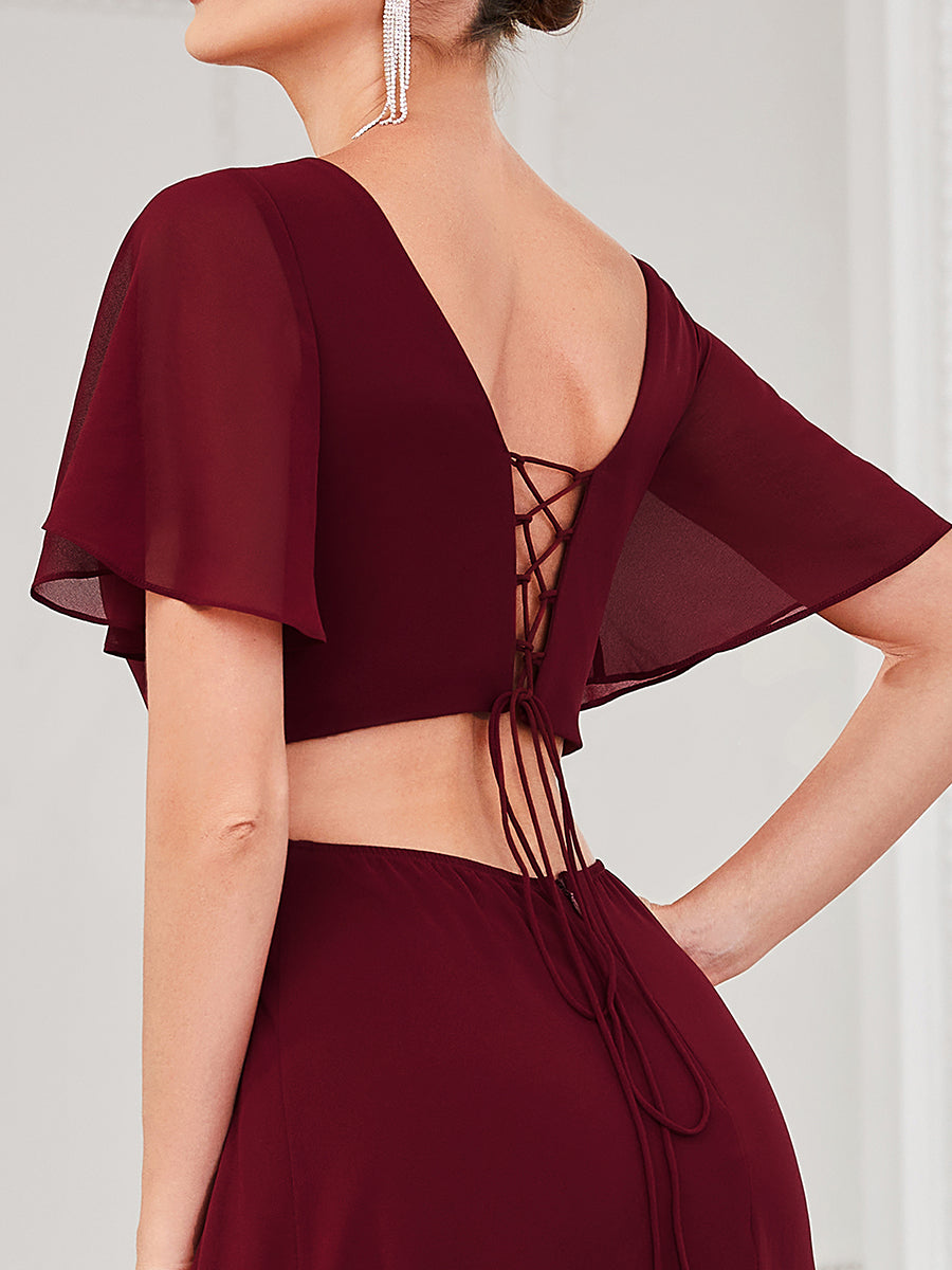 Round Neck A Line Ruffles Sleeves Split Wholesale Bridesmaid Dresses