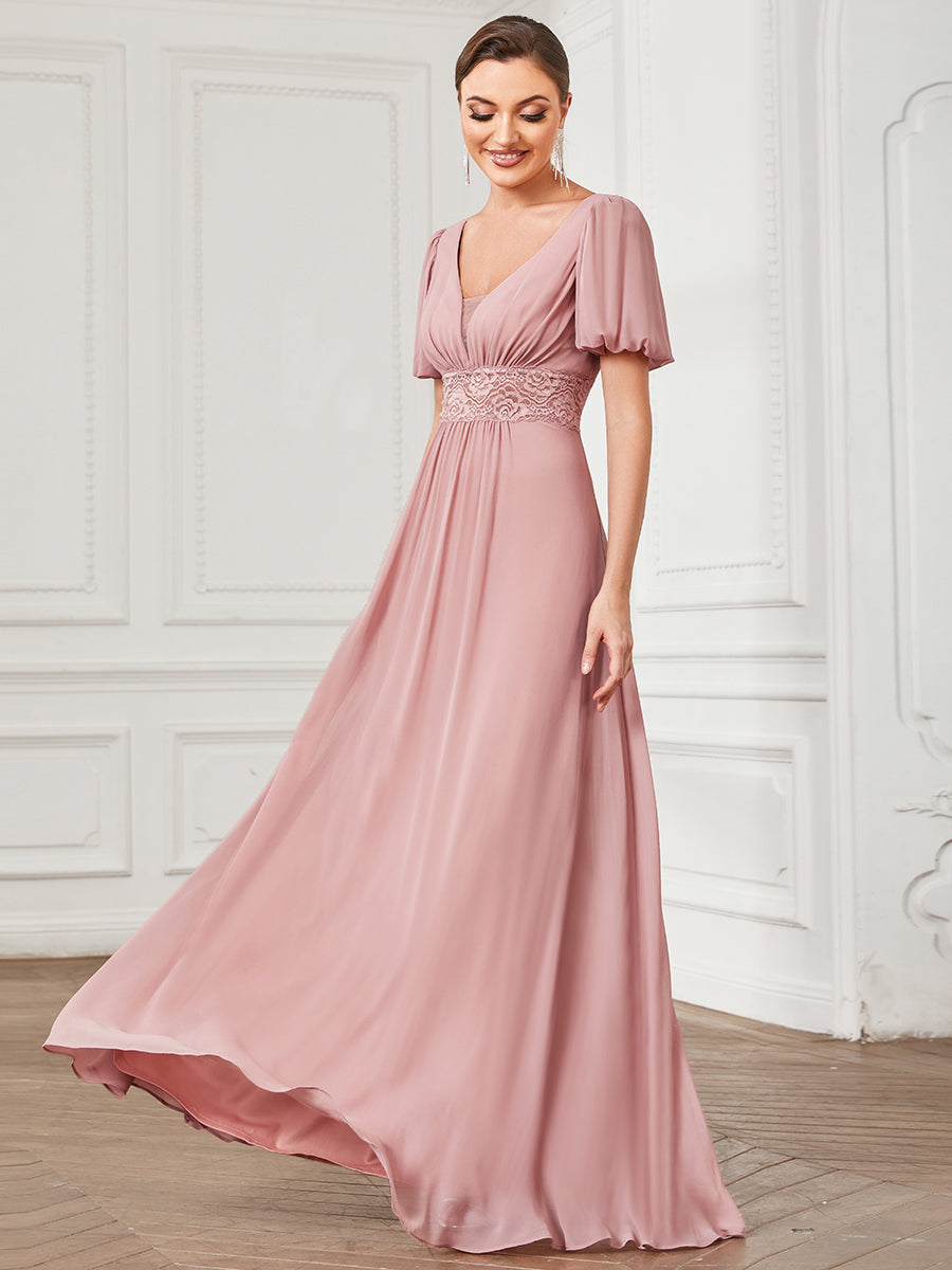 V Neck A Line Wholesale Bridesmaid Dresses with Short Ruffles Sleeves