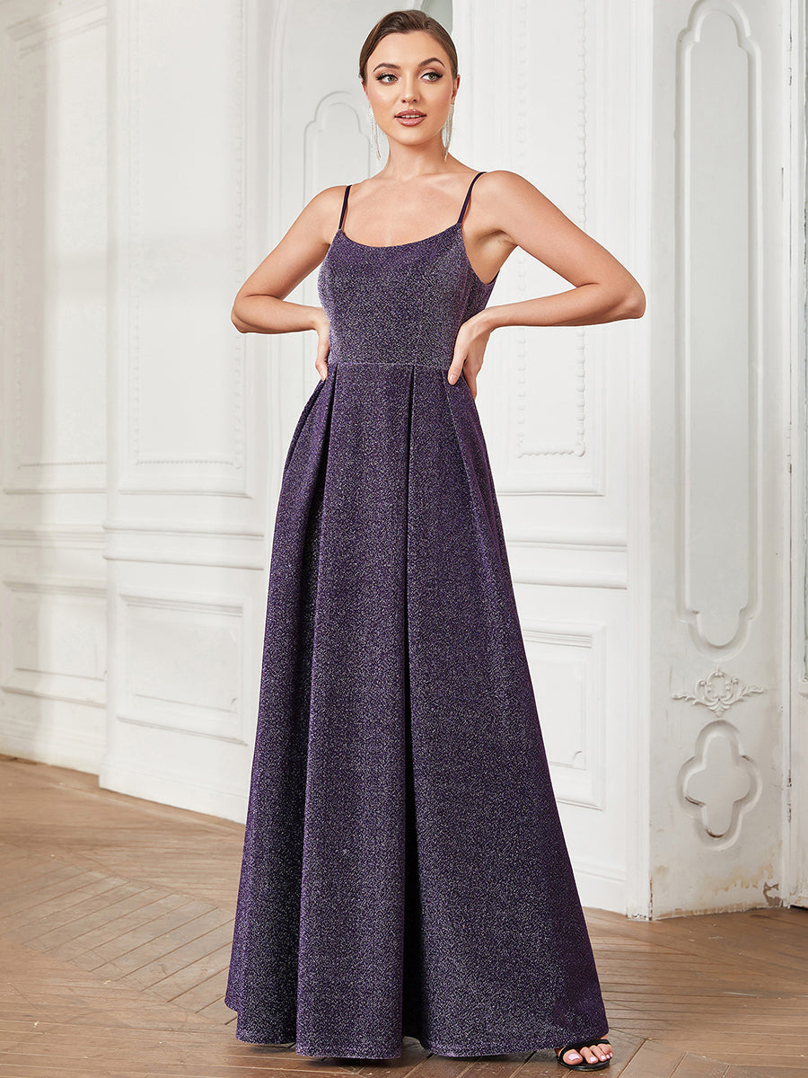 Shiny Spaghetti Straps U Neck A Line Wholesale Evening Dresses