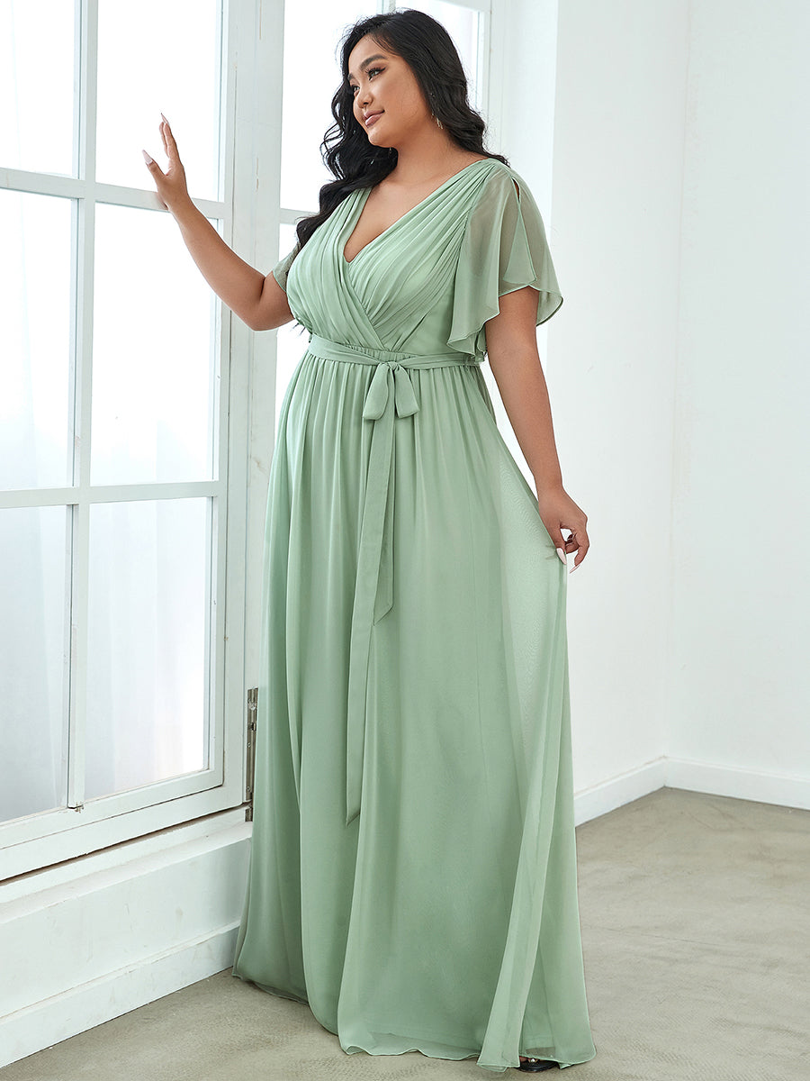 A Line Plus Size Wholesale Bridesmaid Dresses with Deep V Neck Ruffles Sleeves