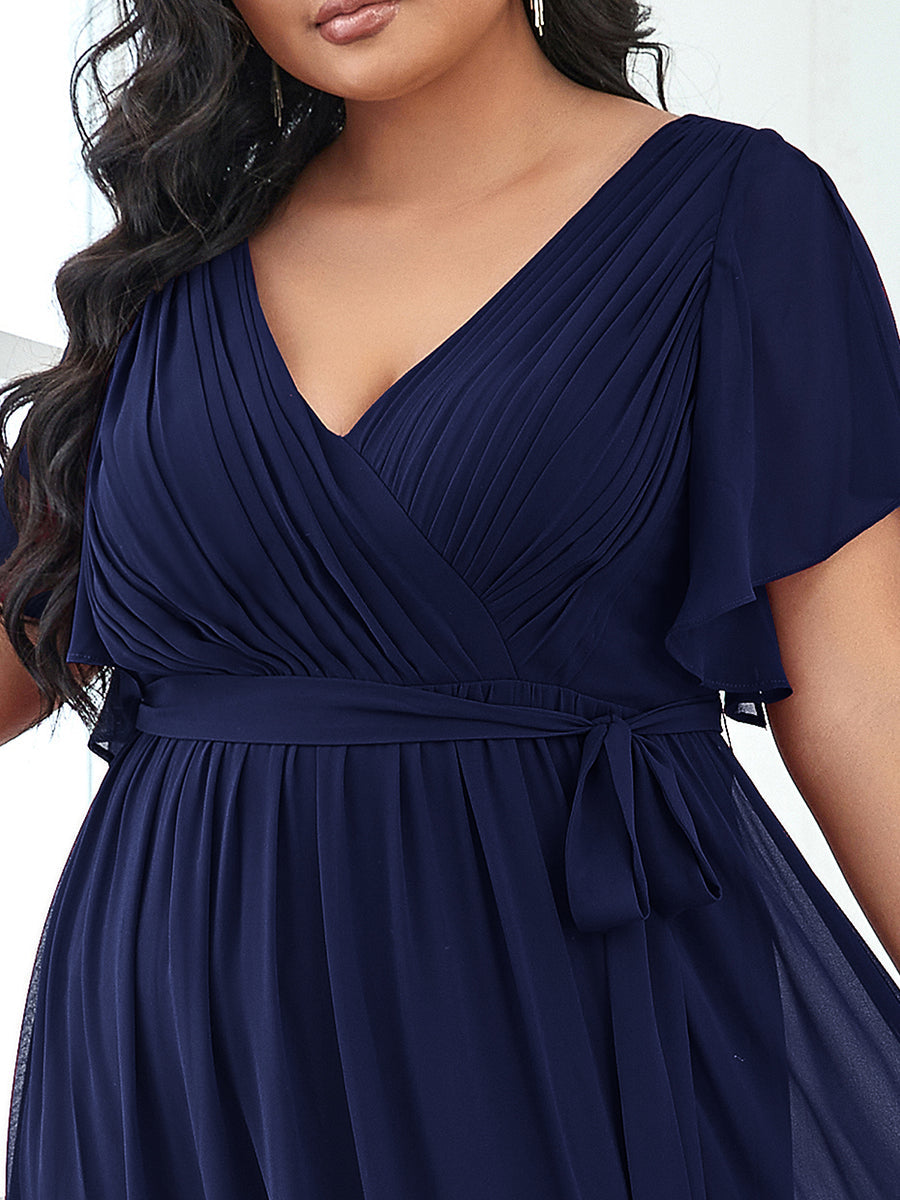 A Line Plus Size Wholesale Bridesmaid Dresses with Deep V Neck Ruffles Sleeves