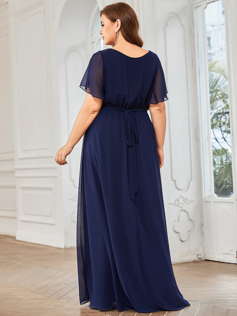 A Line Plus Size Wholesale Bridesmaid Dresses with Deep V Neck Ruffles Sleeves