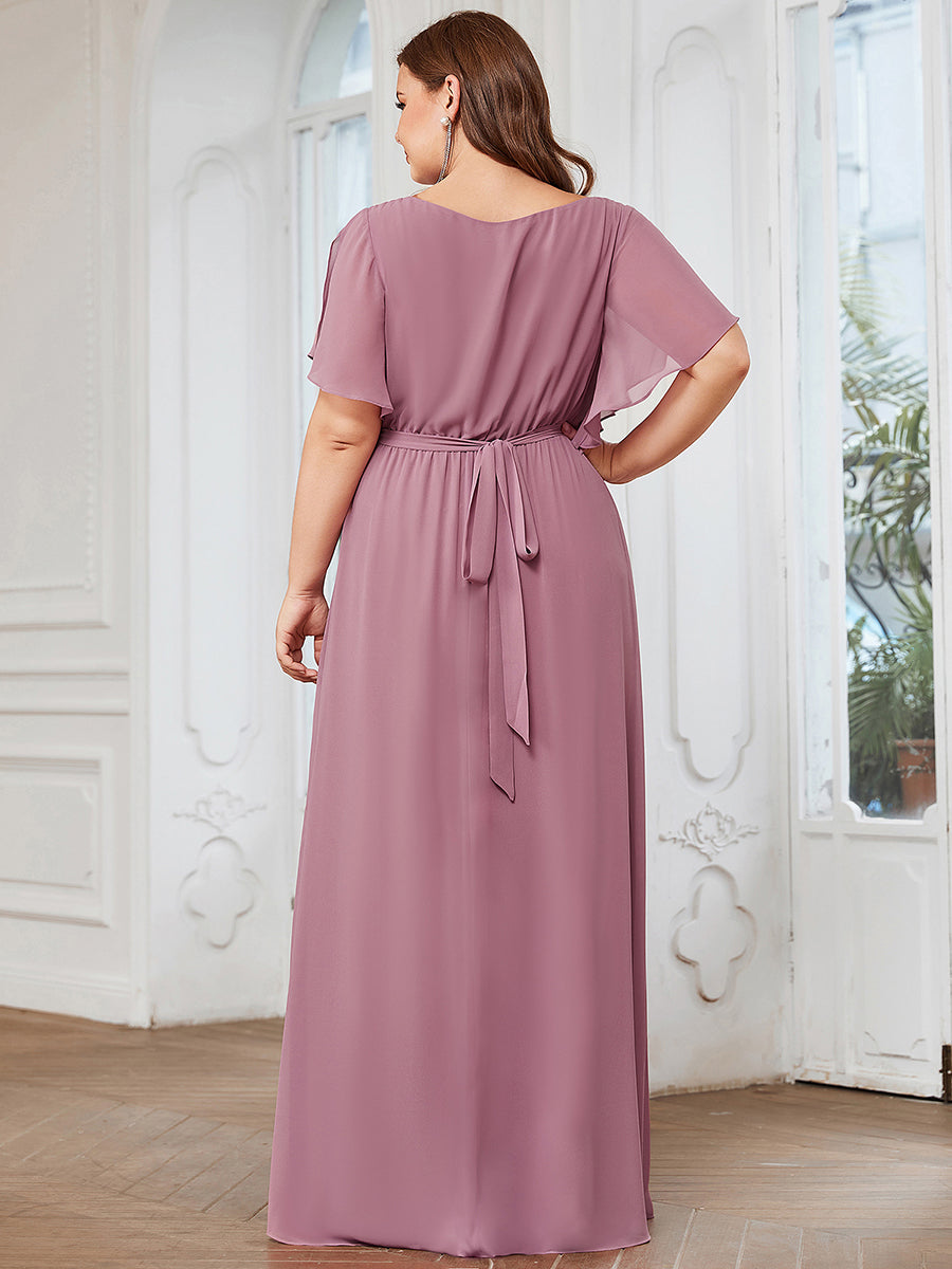 A Line Plus Size Wholesale Bridesmaid Dresses with Deep V Neck Ruffles Sleeves