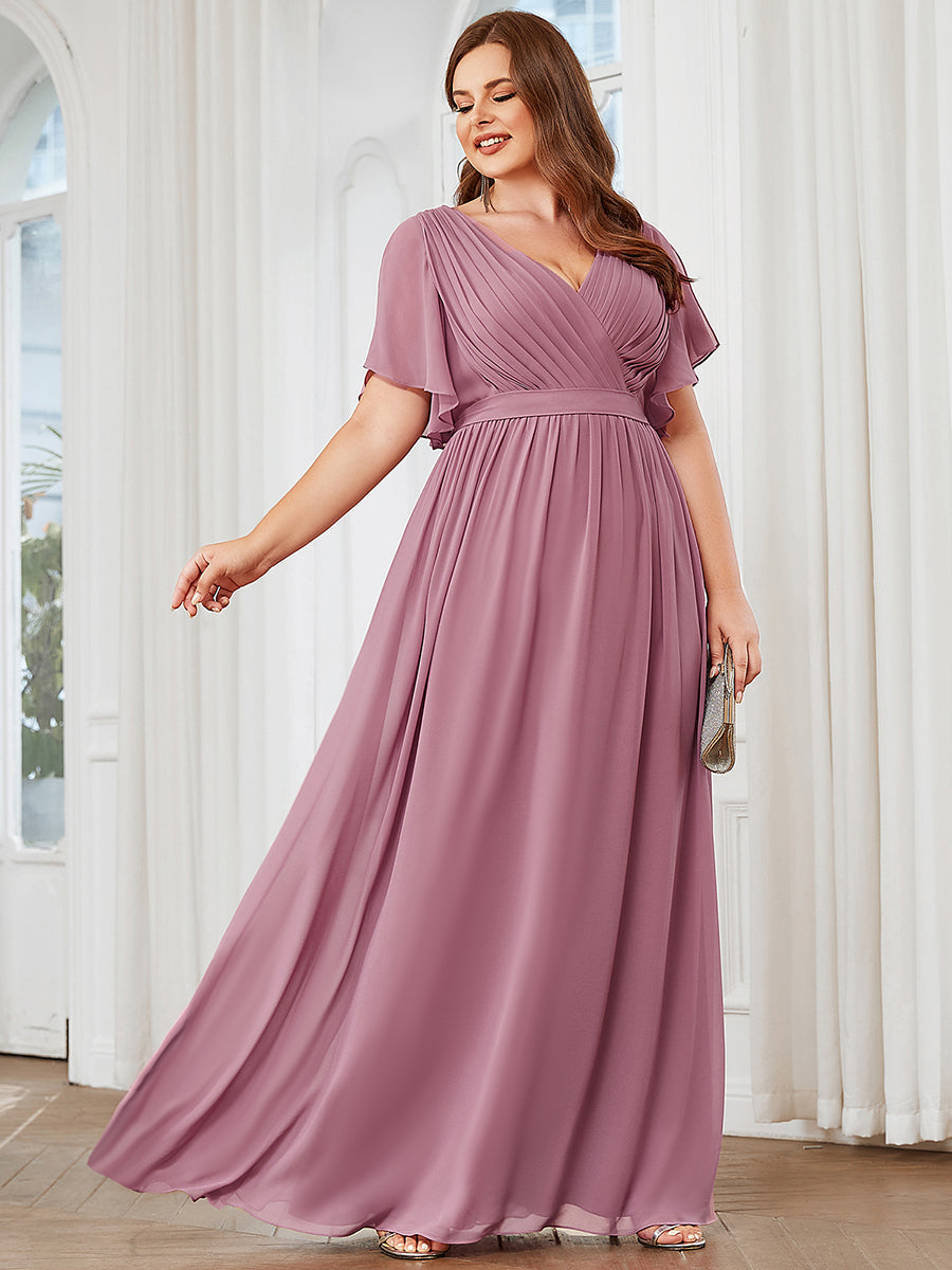 A Line Plus Size Wholesale Bridesmaid Dresses with Deep V Neck Ruffles Sleeves