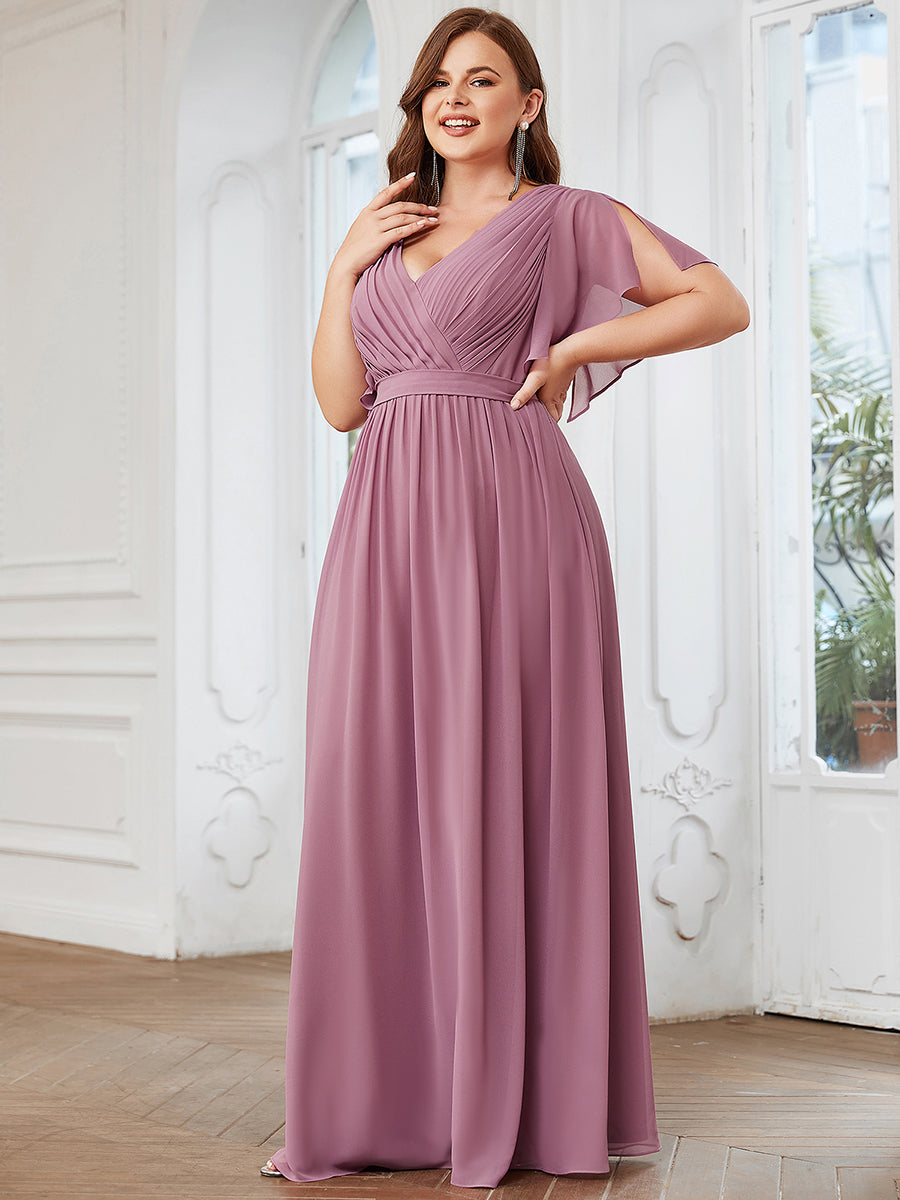 A Line Plus Size Wholesale Bridesmaid Dresses with Deep V Neck Ruffles Sleeves
