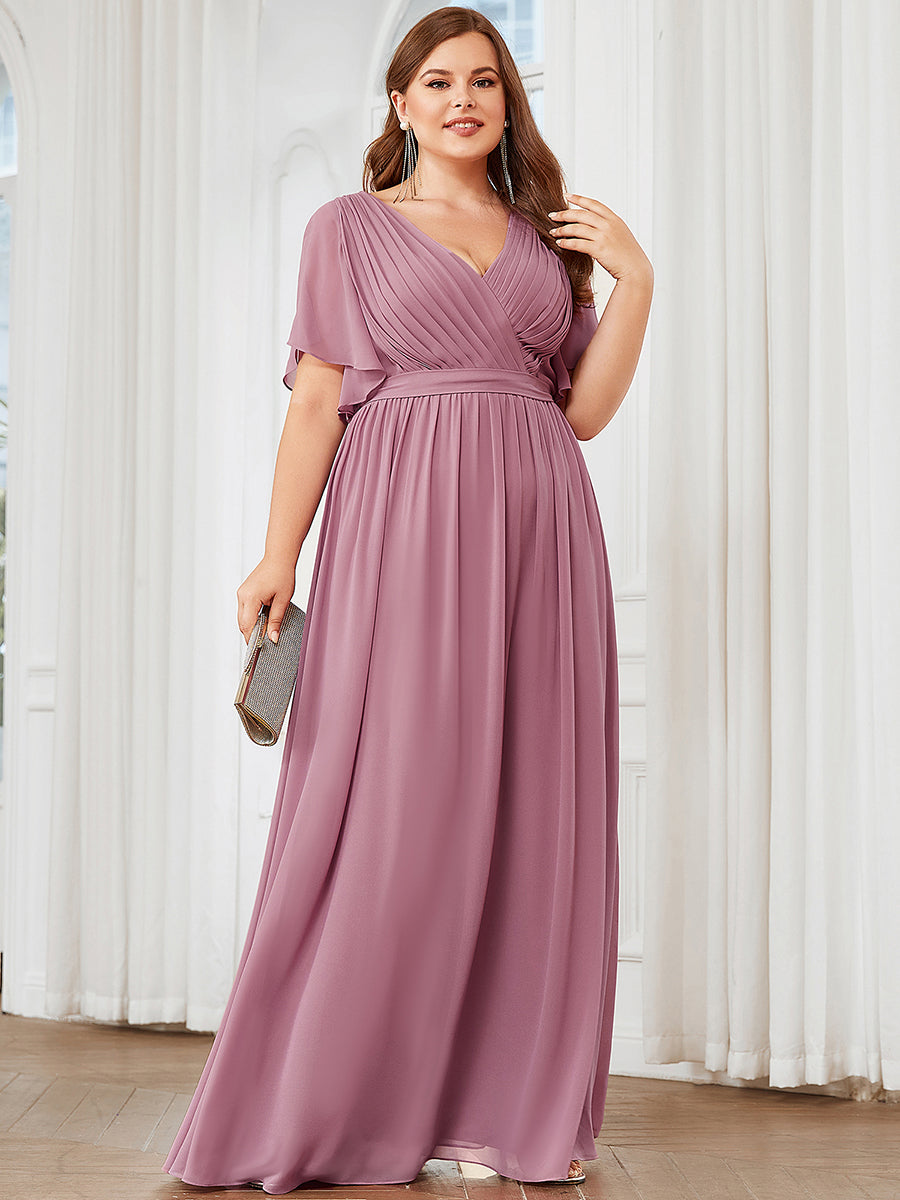 A Line Plus Size Wholesale Bridesmaid Dresses with Deep V Neck Ruffles Sleeves