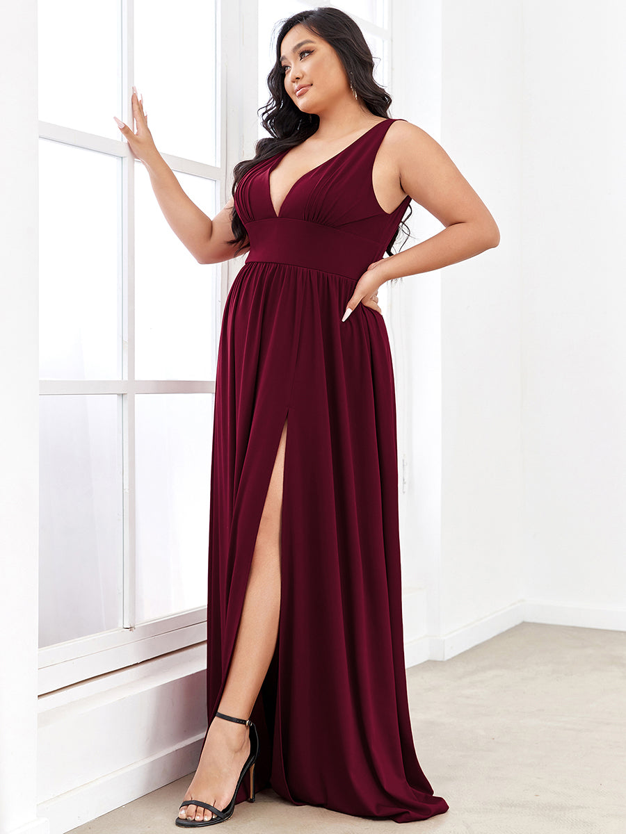 Plus Sleeveless Wholesale Bridesmaid Dresses with Deep V Neck and A Line