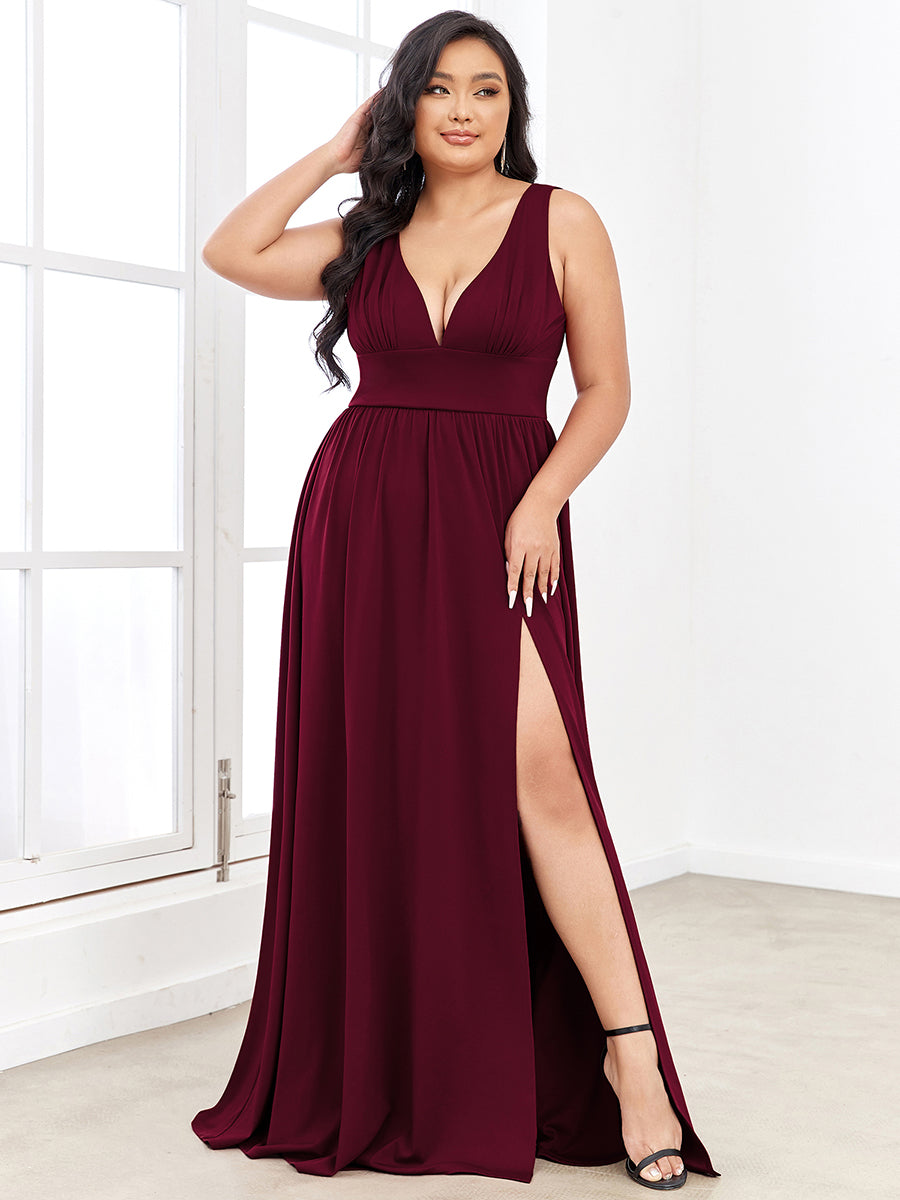 Plus Sleeveless Wholesale Bridesmaid Dresses with Deep V Neck and A Line