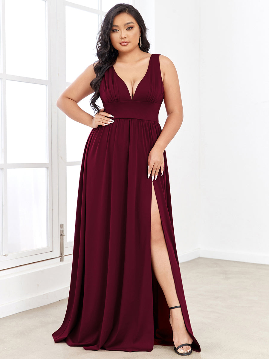 Color=Burgundy | Sleeveless Wholesale Bridesmaid Dresses with Deep V Neck and A Line-Burgundy 1