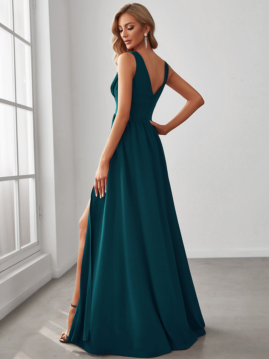 Deep V Neck and A Line Sleeveless Wholesale Bridesmaid Dresses
