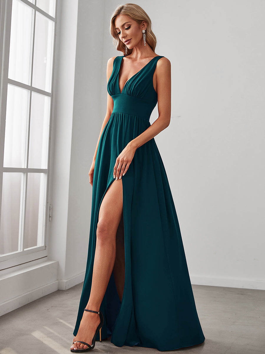 Deep V Neck and A Line Sleeveless Wholesale Bridesmaid Dresses