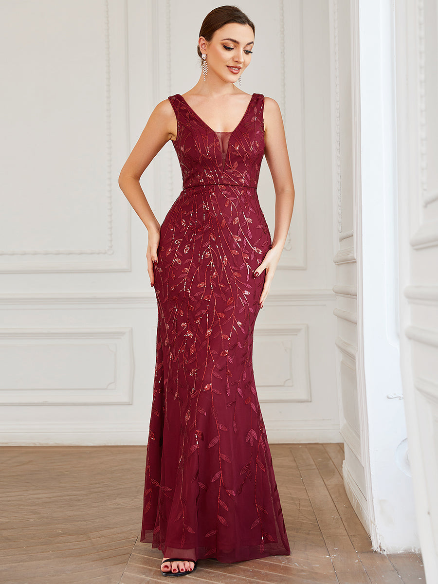 Color=Burgundy | Sleeveless Fishtail Deep V Neck Wholesale Evening Dresses-Burgundy 2