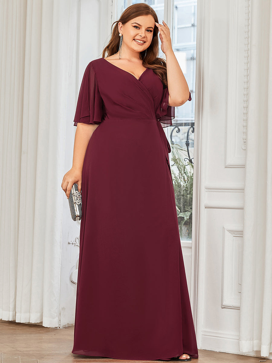 Plus Deep V Neck Ruffles Sleeves A Line Split Wholesale Evening Dresses