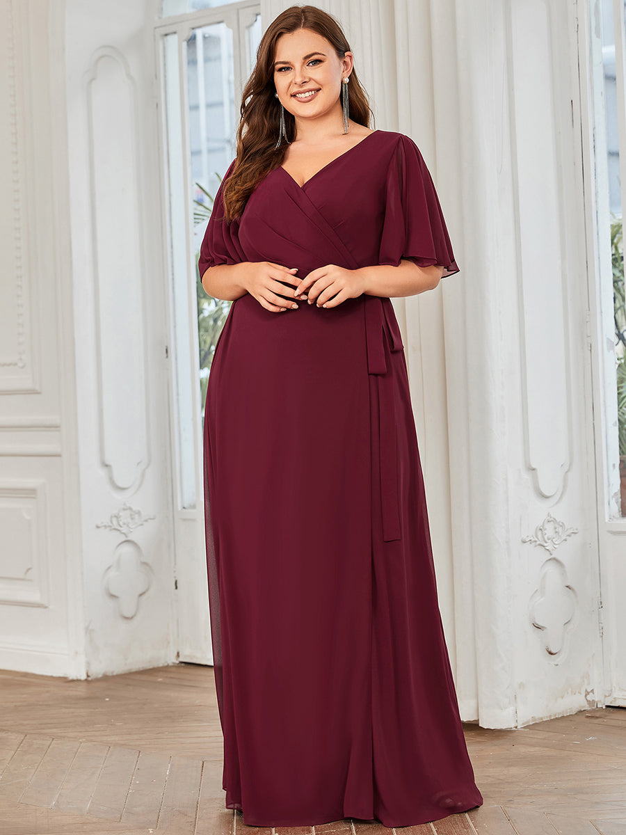 Plus Deep V Neck Ruffles Sleeves A Line Split Wholesale Evening Dresses