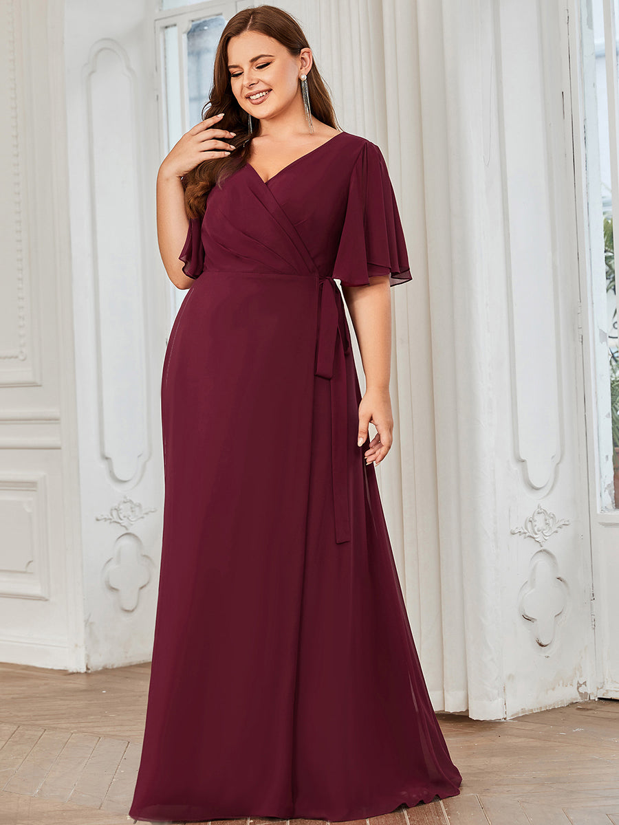 Plus Deep V Neck Ruffles Sleeves A Line Split Wholesale Evening Dresses