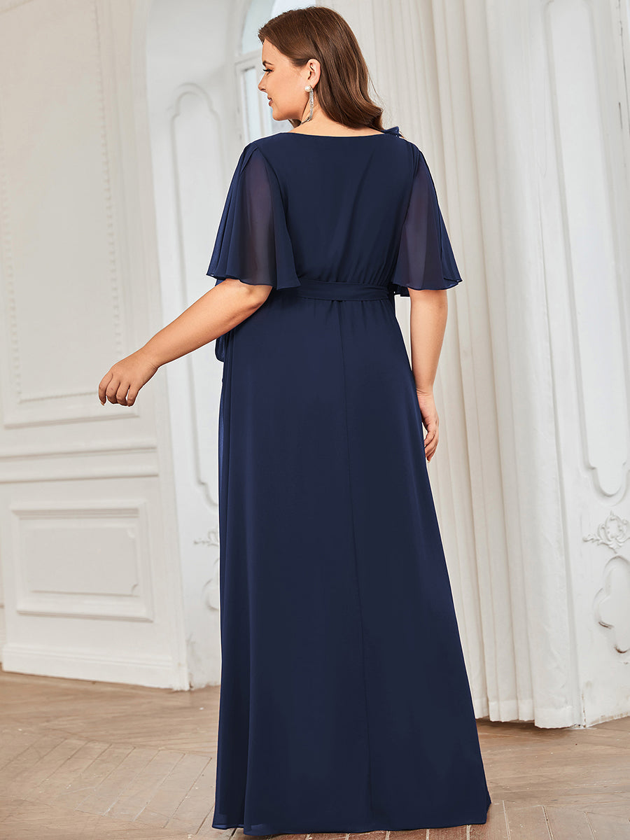 Plus Deep V Neck Ruffles Sleeves A Line Split Wholesale Evening Dresses