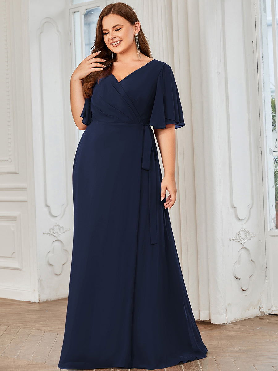 Plus Deep V Neck Ruffles Sleeves A Line Split Wholesale Evening Dresses