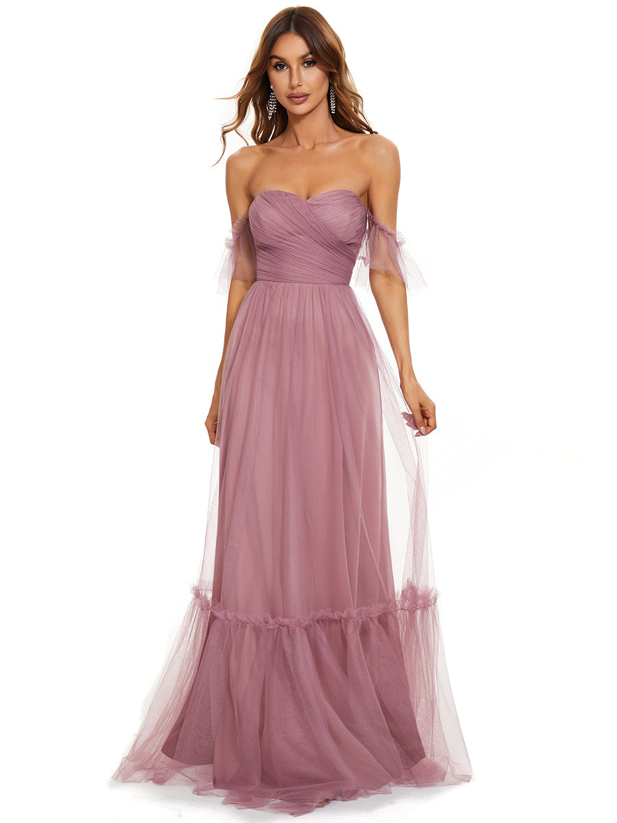 Strapless A Line Ruffles Sleeves Wholesale Evening Dresses