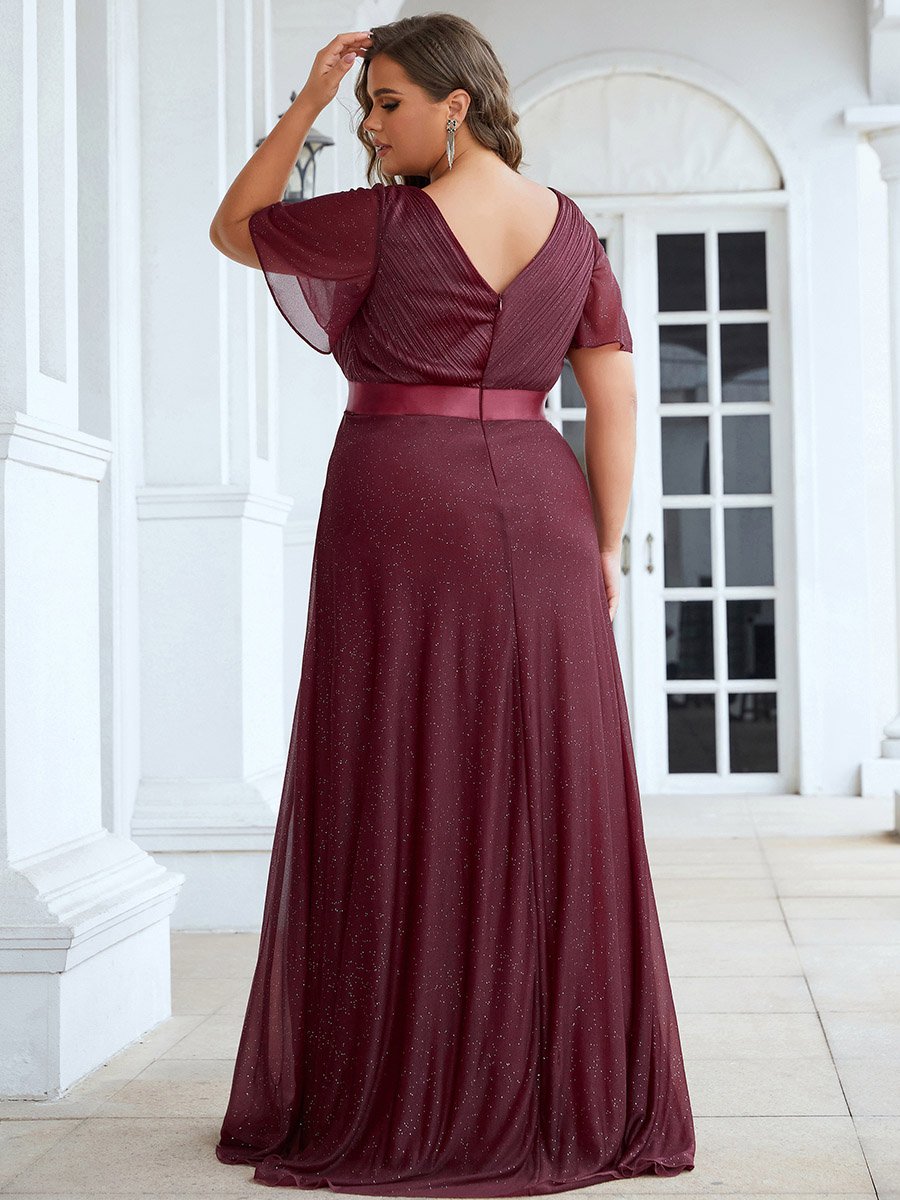 Plus Size Deep V Neck Ruffles Sleeve A Line Wholesale Evening Dresses