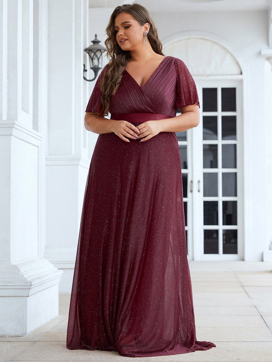 Plus Size Deep V Neck Ruffles Sleeve A Line Wholesale Evening Dresses