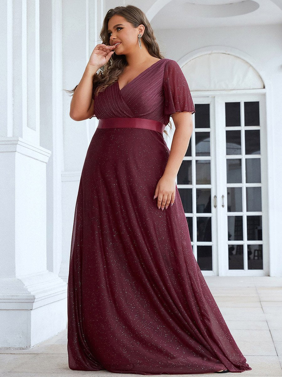 Plus Size Deep V Neck Ruffles Sleeve A Line Wholesale Evening Dresses