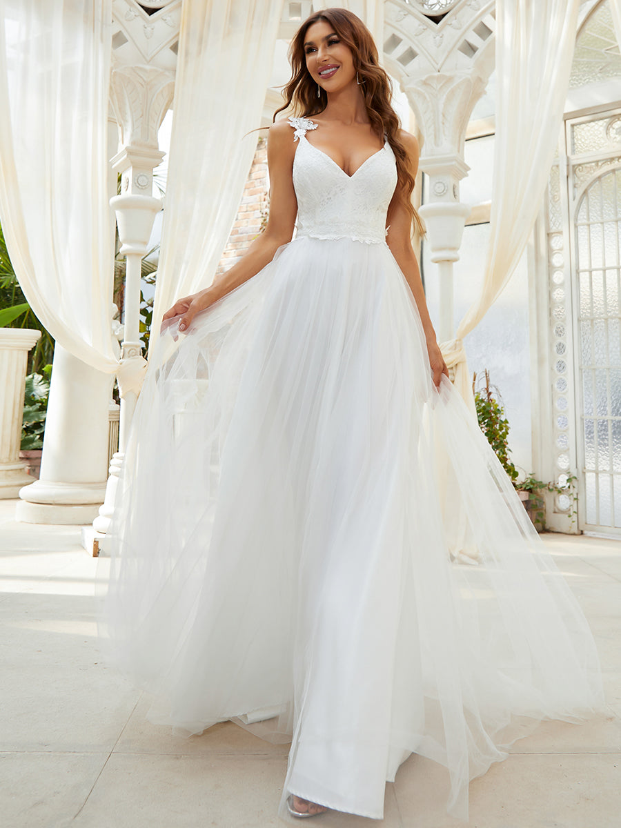 Double V Neck Wholesale Lace Tulle Wedding Dress