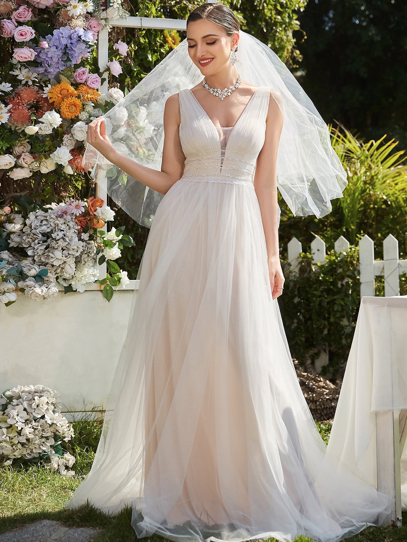 Backless A Line Sleeveless Wholesale Wedding Dresses with Deep V Neck