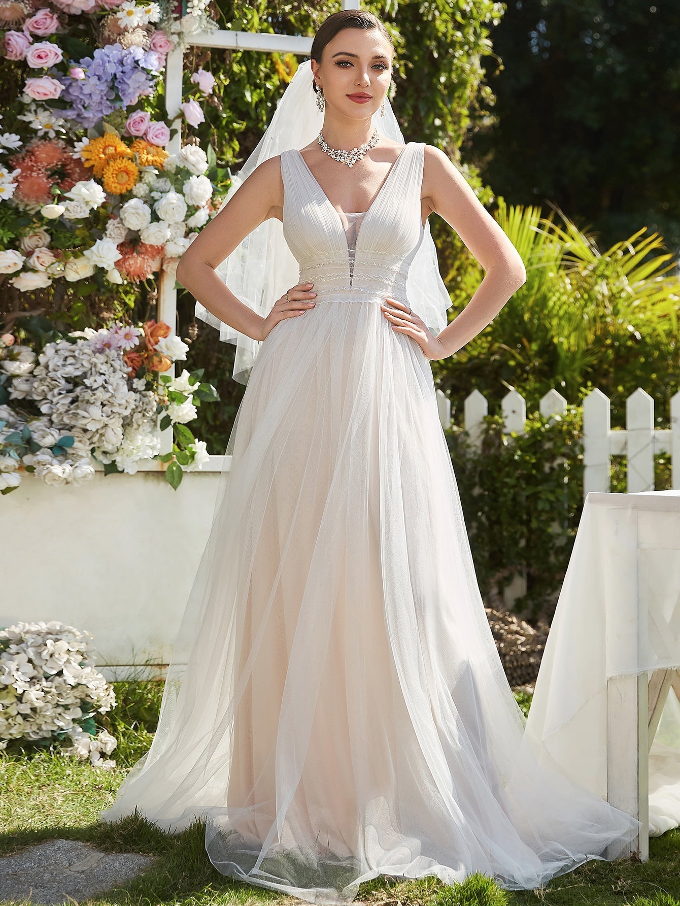 Backless A Line Sleeveless Wholesale Wedding Dresses with Deep V Neck