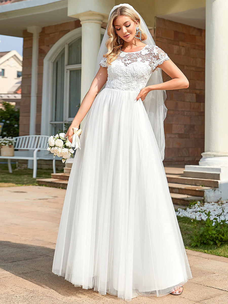A Line Wholesale Wedding Dresses with Round Neck and Short Sleeves