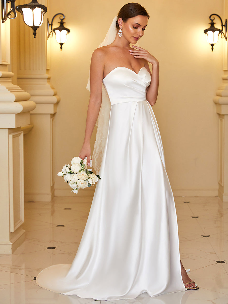 Color=White | Elegant Strapless A Line Wholesale Wedding Dresses with Split Design-White 1