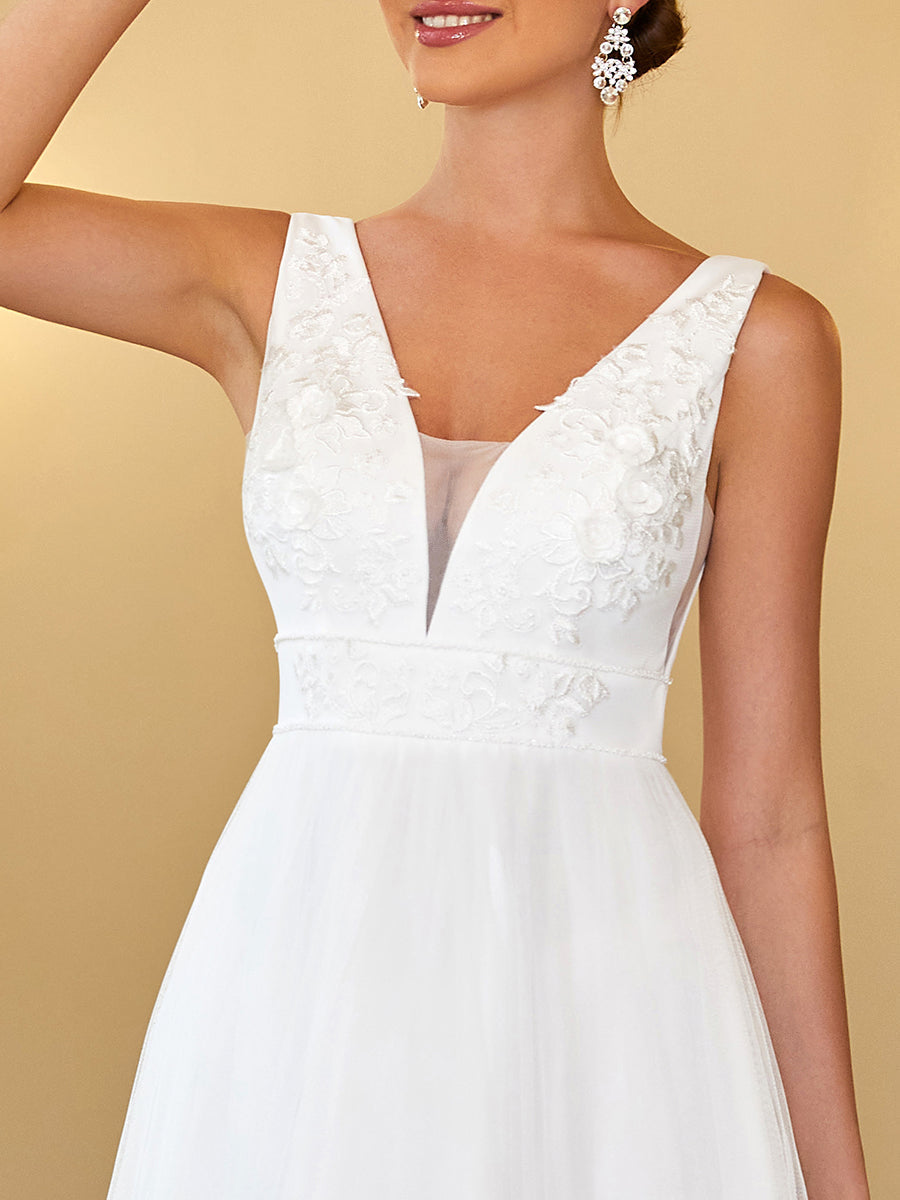 Elegant Sleeveless A Line Wholesale Wedding Dresses with Deep V Neck