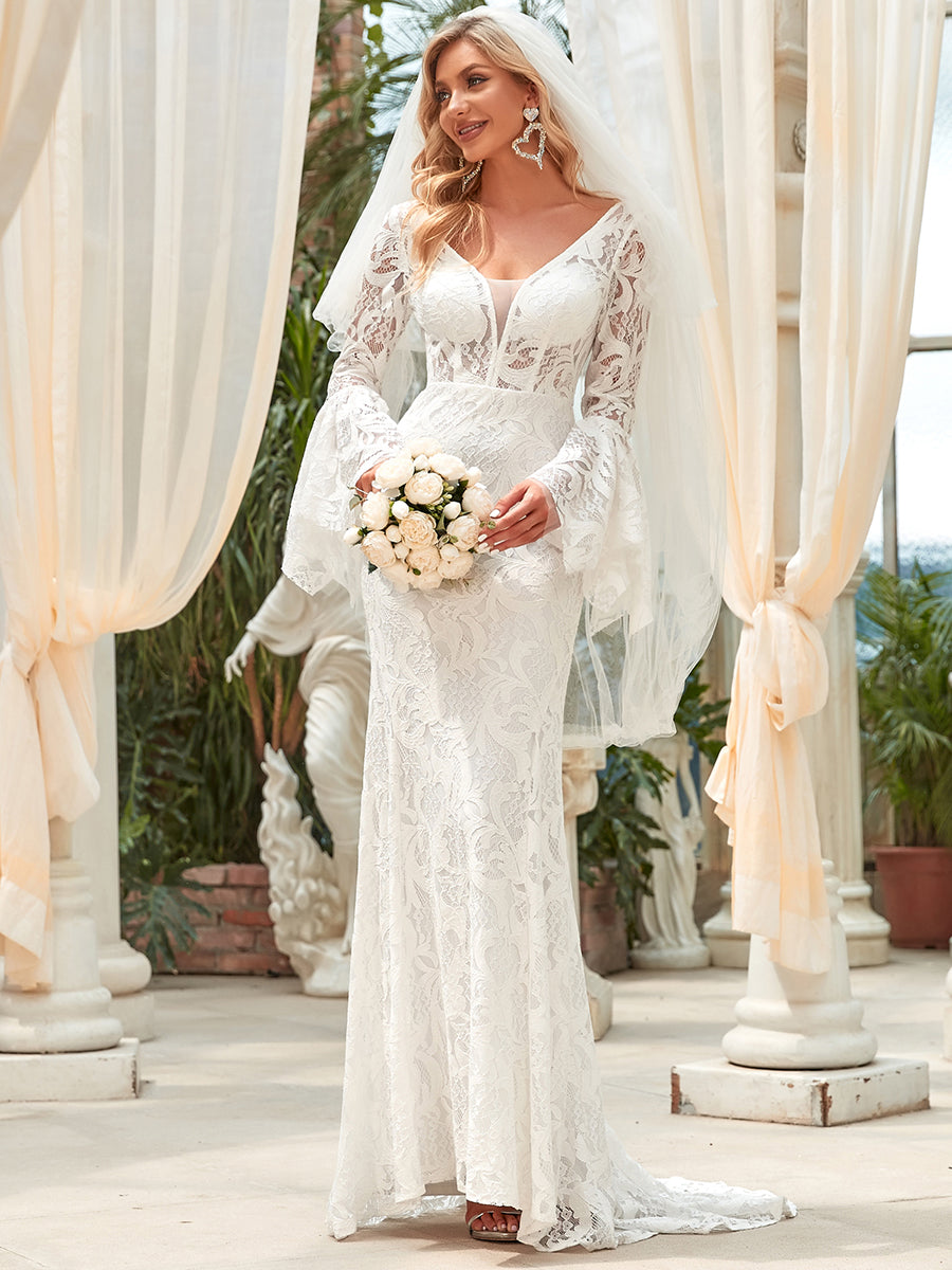 Long Bat-Wing Sleeves V-neck Fishtail Wholesale Wedding Dresses