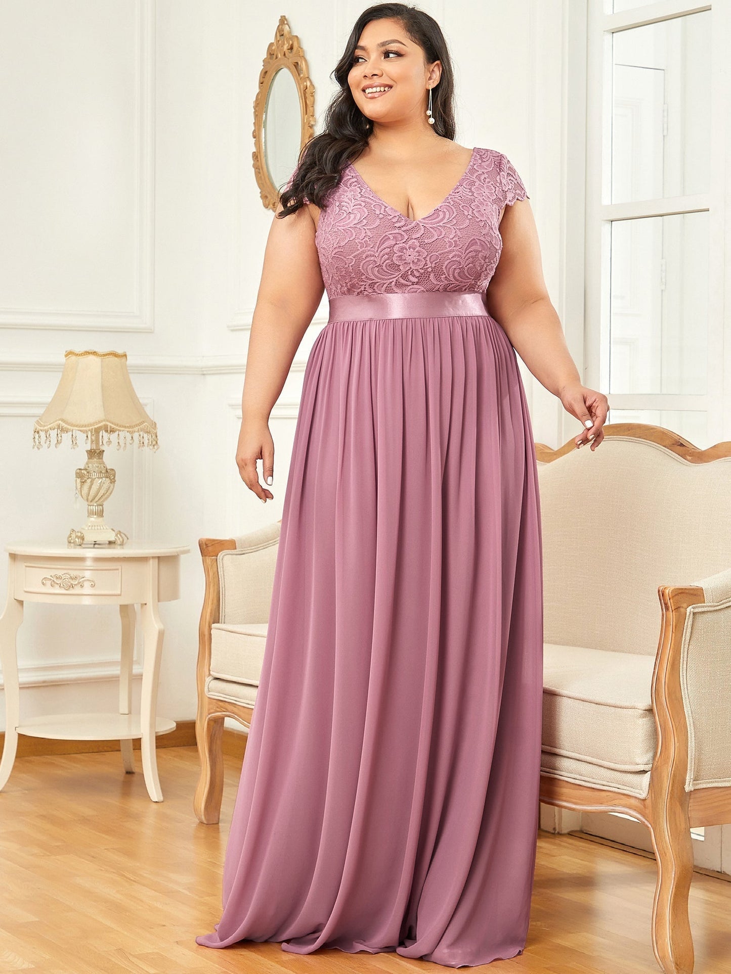 Plus Size Deep V Neck A Line Cover Sleeves Wholesale Bridesmaid Dresses