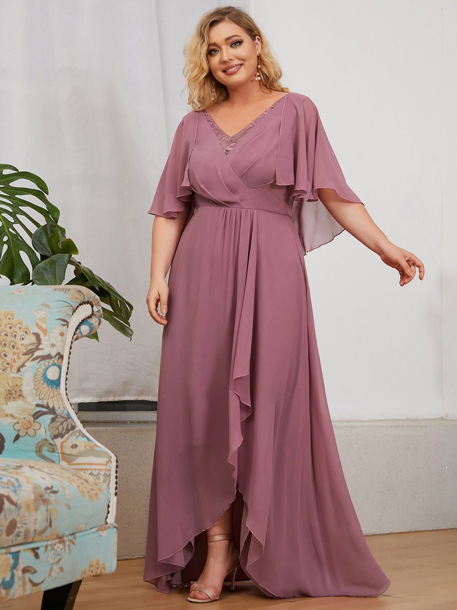 Color=Orchid | Flutter Sleeve V-Neck Floor-length Plus Szie Mother Dress-Orchid 1