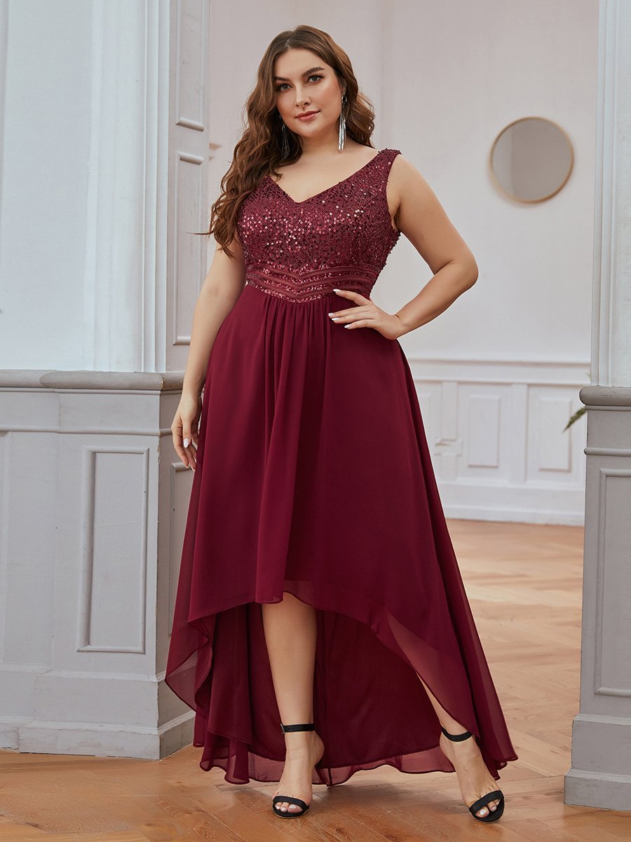 Color=Burgundy | Elegant Paillette & Chiffon V-Neck A-Line Sleeveless Plus Size Evening Dresses-Burgundy 1