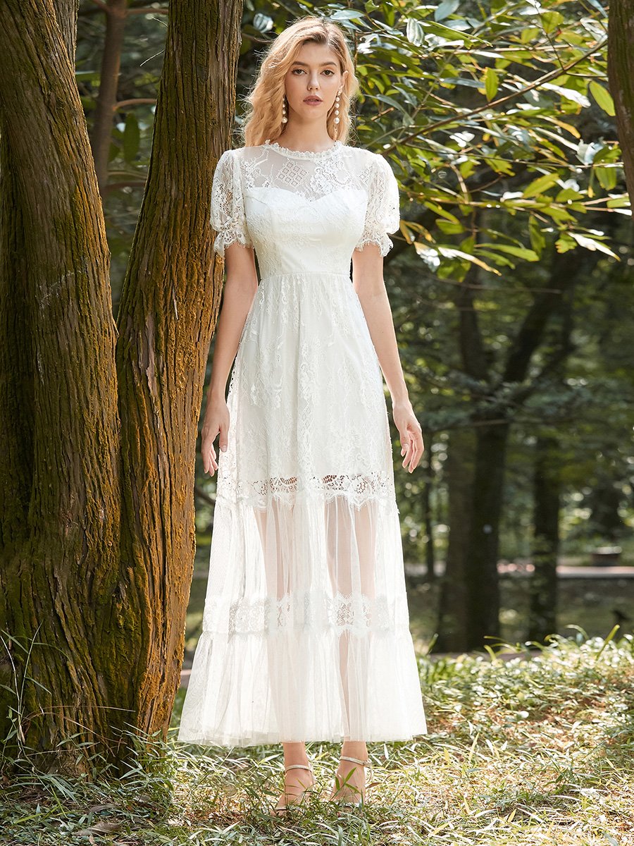 Color=Cream | Women'S Dainty A-Line Lace Wholesale Midi Casual Dress With Short Sleeves-Cream 4