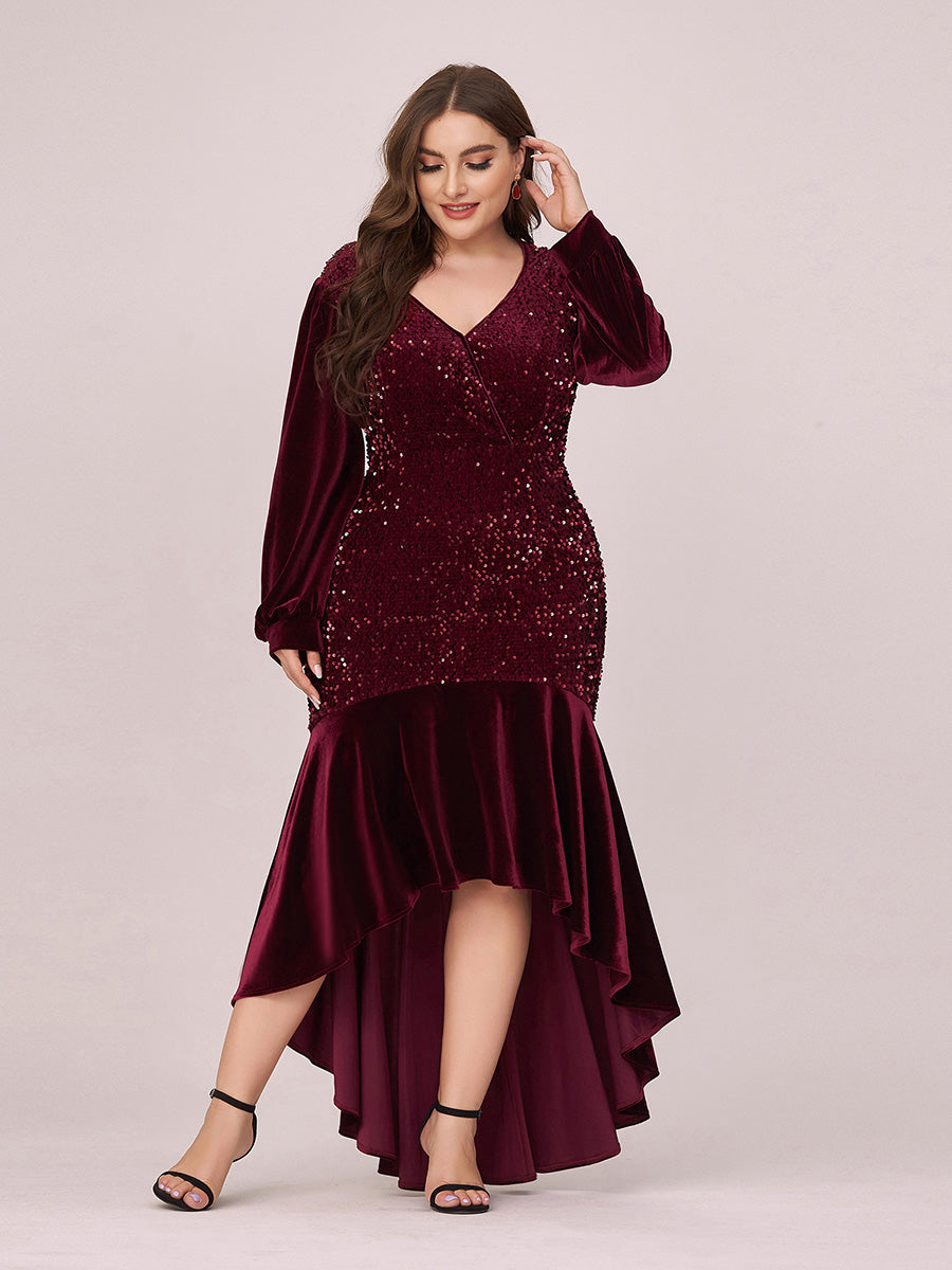 Elegant V Neck High-Low Plus Size Sequin & Velvet Party Dress