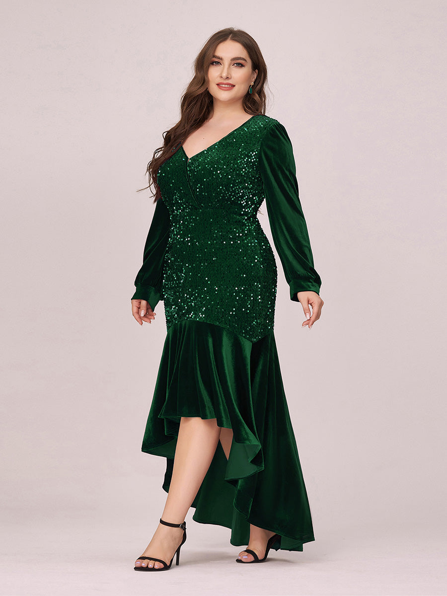 Elegant V Neck High-Low Plus Size Sequin & Velvet Party Dress